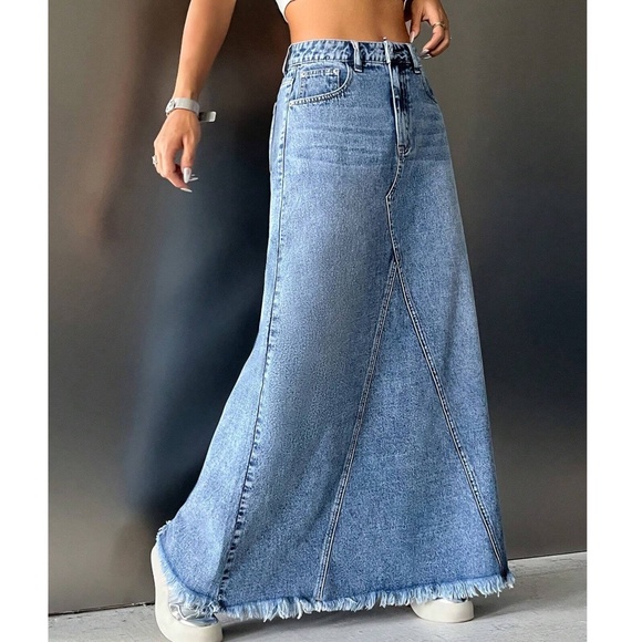 Boho Light Blue Raw hem Jean Denim Pockets Maxi Skirt - Picture 6 of 11